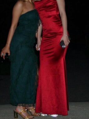 green ruffled formal dress
